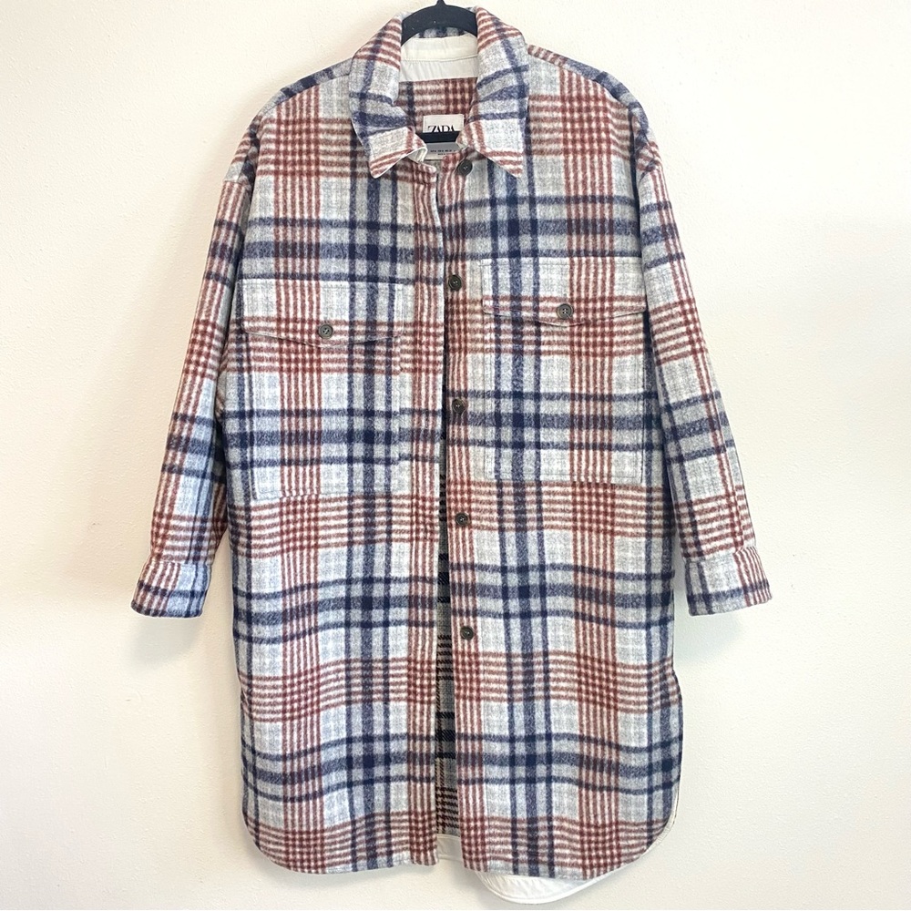 Zara Long Overshirt Shacket Plaid Shirt Jacket Red Blue Size M